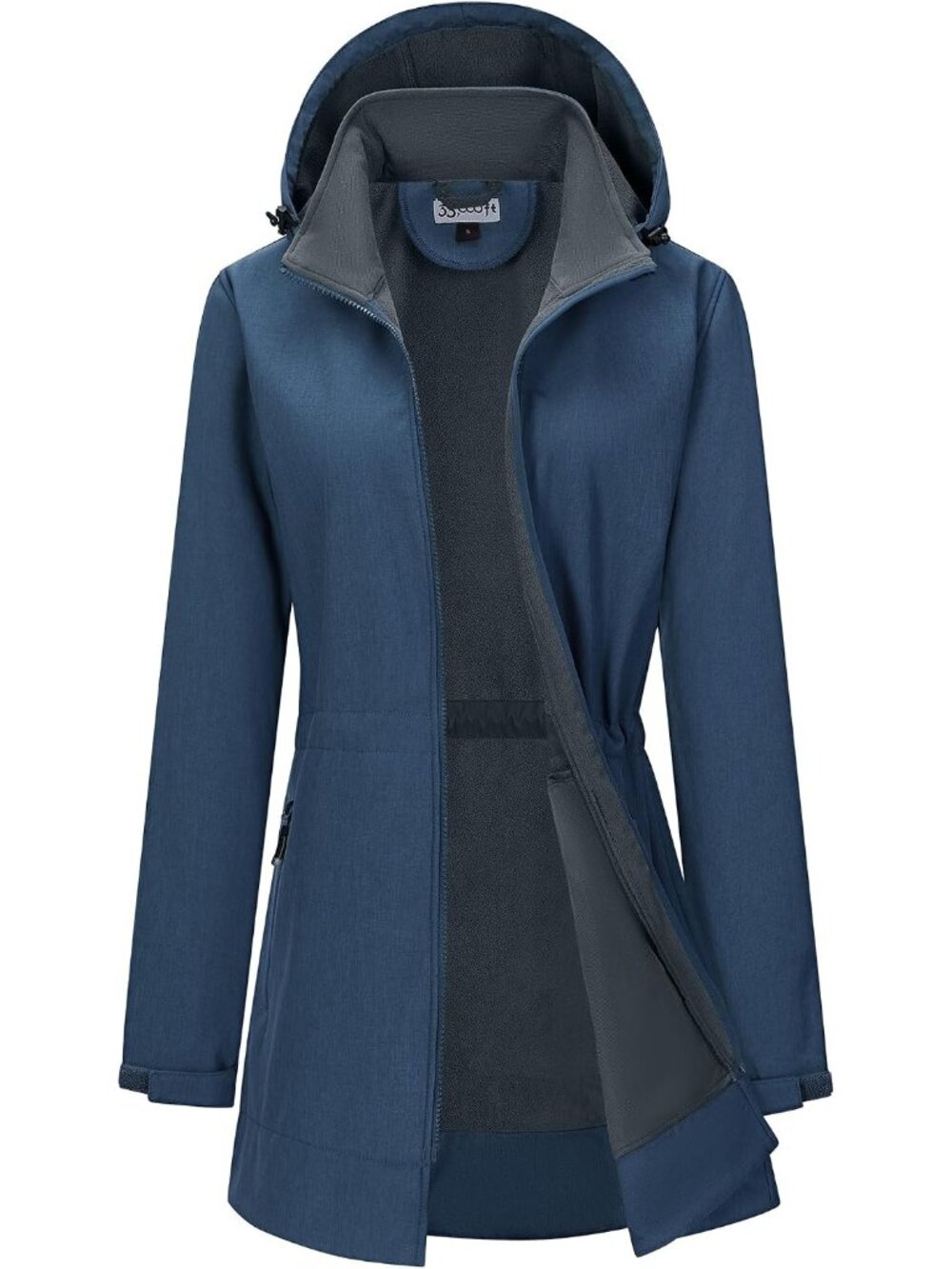 Women's Deep Blue Hooded Fleece Lined Softshell Full Zip Waterproof Rain Jacket